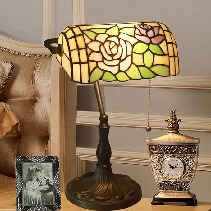 Tiffany Style Bankers Table Lamp Stained Glass Piano Desk Lamp Vintage Bedroom Bedside Lamp for Study,Antique Alloy Base,Zipper Switch,Rose d