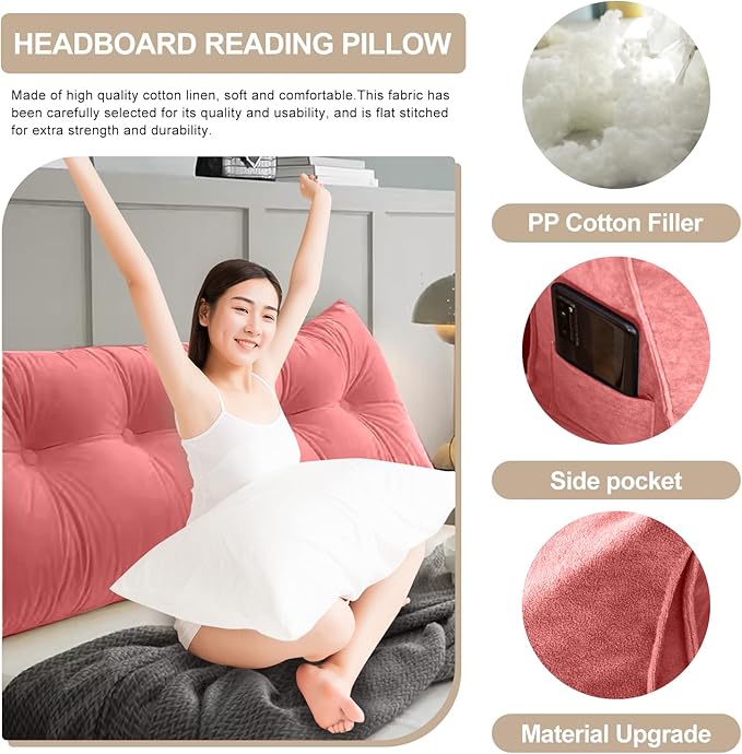 Large Triangular Headboard Pillows Long Backrest Positioning Support Bolster Cushion for Daybed Fluffy Quality Plush Body Wedge Pillow with Removable Cover(Rusty Red -Cal King-71x8x20 in)