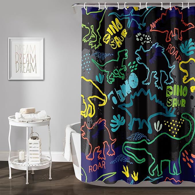 AILONEN Cartoon Dinosaur Shower Curtain 48" W*72" H for Bathroom,Teen Boys Dinosaur Bathroom Shower,Roaring Dinosaur Silhouette Boys Shower Curtain Polyester Waterproof Bath Curtain with 12 Hooks