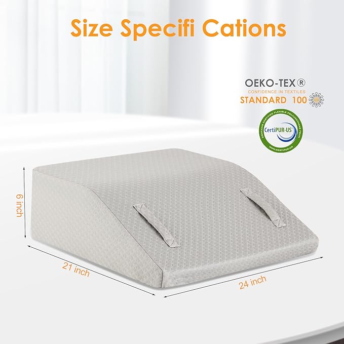 Leg Elevation Pillows for Sleeping, Memory Foam Wedge Pillow for Legs, Knee Wedge Pillow for After Surgery, Swelling, Back Pain and Circulation, Non-Slip Bottom, Removable Cover (6 Inch, Grey)