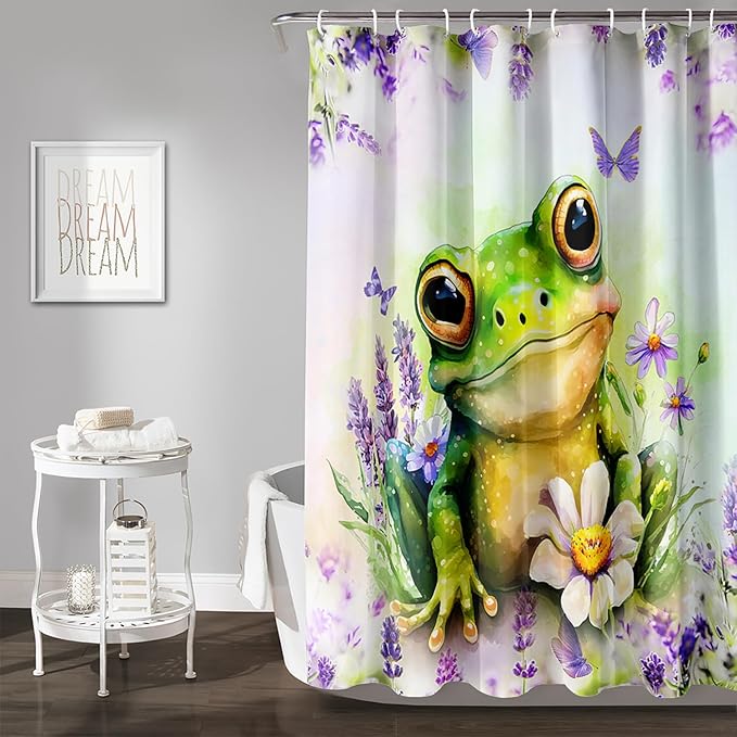AILONEN Cartoon Frog Shower Curtain, Cute Green Frog Shower Curtain Set with Hooks for Kids Boys Girls,Purple Flowers Tropical Amphibian Waterproof Fabric Shower Curtain for Bathroom,72" W*78" H