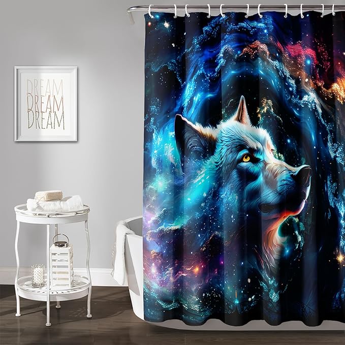 AILONEN 3D Wolf Shower Curtain for Bathroom,Blue Space Galaxy Starry Clouds Wolf Printed Bath Curtain,Boys Teen Kids Wild Animal Wolf Decoration Shower Curtain Waterproof 72" W*96" H