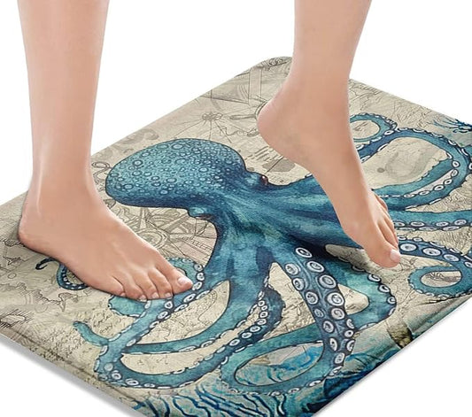 Britimes Blue Bath Mat for Bathroom, Sea Theme Octopus Washable Cover Floor Rug Carpets Floor Mat Bathroom Decorations 20x32 Inches for Kitchen Bedroom Indoor