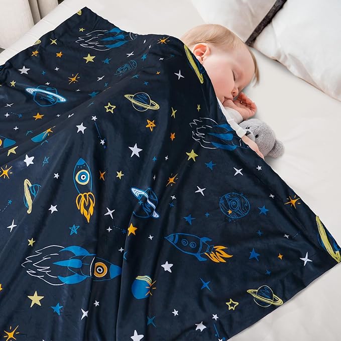Minky Baby Throw Blanket for Boys, 50x60 Inches Soft Lightweight Micro Fleece Blanket with Double Layer, Dotted Backing, Breathable Receiving Blanket for Newborns, Space