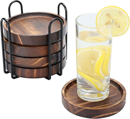 Wooden Coasters for Drinks - Natural Wood Drink Coasters Set with Holder for Modern Home Decor,Coasters for Coffee Table Tabletop Protection for Any Table Type, Set of 5-4.3Inches