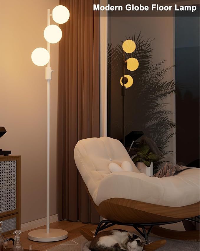 64IN Dimmable White Floor Lamp, Tall Standing Lamps with 3 Globe Soft Warm White Eye Care 3000K G9 Bulbs, Mid Century Modern Floor Lamp for Bedroom Office