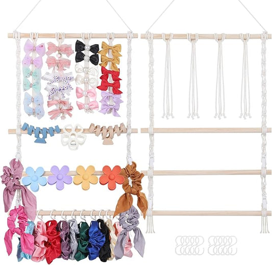Macrame Hair Claw Clip Organizer, Hanging Bow and Hair Clip Holder, Boho Wall Decor for Home Door Closet Bedroom