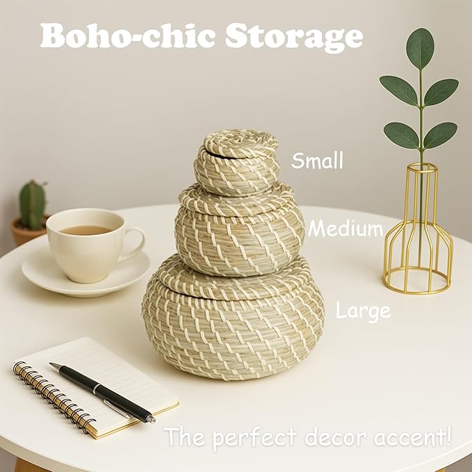 Set of 9 Round Woven Seagrass Baskets, Small Wicker Basket with Lid, Little Handmade Rattan Storage Basket Box for office, bedroom, living room