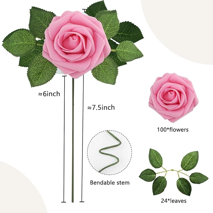 Artificial Flowers Dark Pink Roses 100PCS Real Looking Foam Fake Roses with Leaves and for DIY Wedding Bouquets Bridal Shower Centerpieces Party Decorations (Dark Pink, 100)