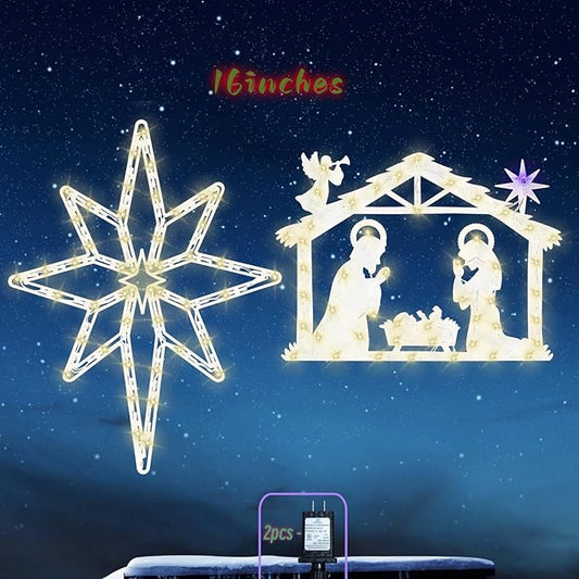 Christmas Decorations 17" Christmas Window Silhouette Lights Decorations - 2 Pack Nativity Scene with Lights ＆ Lighted Bethlehem Star for Holiday Indoor and Outdoor Wall Door Window Decorate