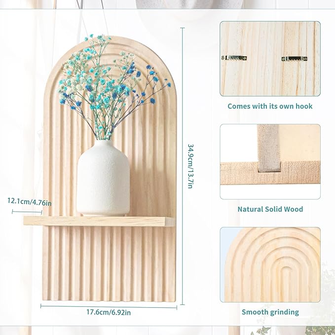 YIYA 2 Pcs Boho Wooden Rainbow Wall Shelves Floating Shelves for Wall Rainbow Arch Boho Floating Shelves Modern Boho Wall Shelf for Living Rooms Bathroom Display, Beige