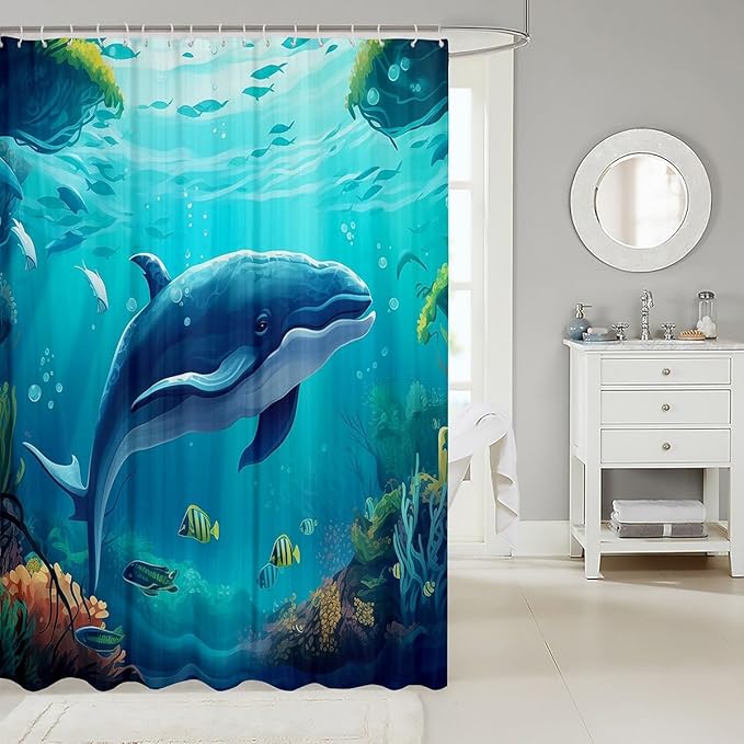 Feelyou Whale Shower Curtain Cute Whale Fabric Shower Curtain for Kids Boys Girls Blue Ocean Theme Bathroom Waterproof Accessories with 12 Hooks Ocean Animal Curtains,72x78 Inches