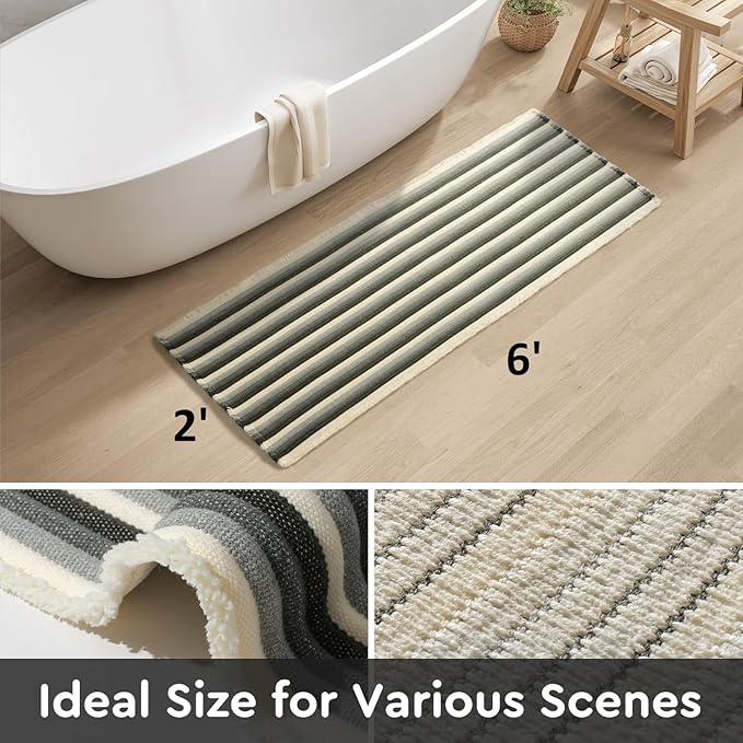 tchdio Striped Bath Mat Runner Rug, 2' x 6', Beige