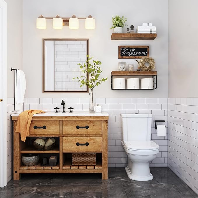 QEEIG ‎Bathroom Shelves Over Toilet - Paper Storage Wall Mounted Farmhouse Decor Decorations Aesthetic Décor Sign Small Floating Shelf 2+1 Set 16 inch, Rustic Brown (020BN)