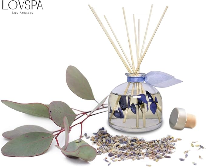 LOVSPA Lavender & Eucalyptus Scented Sticks Reed Diffuser Set - DE-Stress Scented Sticks - Relaxing Blend of Woody Lavender, Sage, Eucalyptus & Rosemary Essential Oils