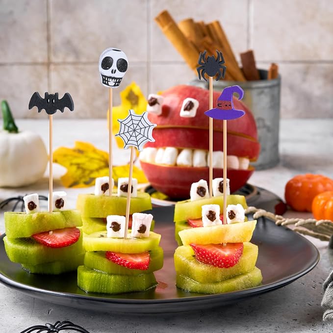 JtmyAota 100 Pack Halloween Toothpicks for Appetizers, 4.7 Inch Natural Bamboo Cocktail Picks for Cake Dessert Food Fruit Halloween Party Decorations