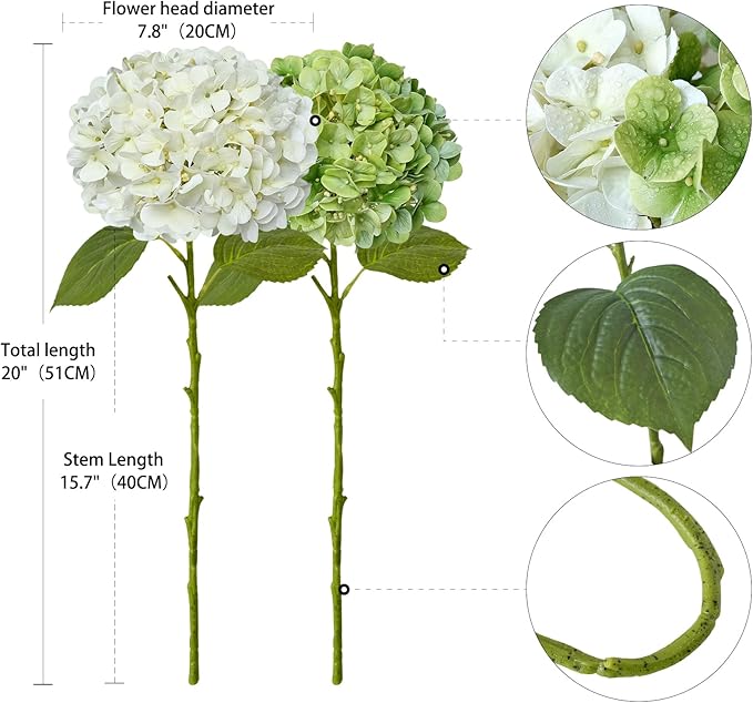 2PCS White & 2PCS Green Fake Hydrangea Real Touch 20" Latex Artificial Hydrangea Flowers with Long Stems for Outdoor Indoor Spring Home Decor Porch Party Wedding Xmas Floral Arrangements