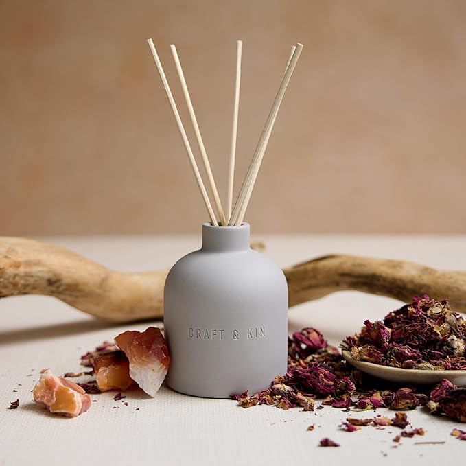 Craft & Kin Reed Diffuser Set - Rose & Oud, Reed Diffusers for Home with Fragrance Sticks - The Earthenware Collection, 6.7oz Alcohol-Free, Essential Oils