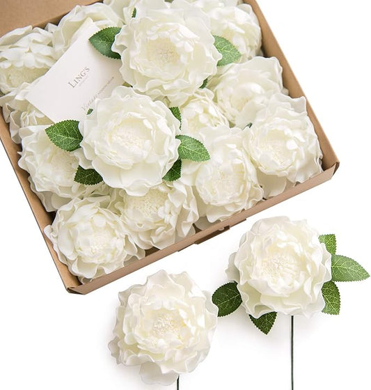 Ling's Moment Flowers 16pcs Ivory Blooming Peonies Artificial Flowers with Stem, Artificial Peony Flowers for DIY Wedding Decorations Centerpieces Bouquets Boutonnieres