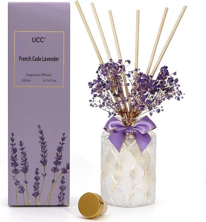 UCC Premium Reed Diffuser Set with Preserved Flower Reed Sticks, 6.76 fl oz French Cade Lavender Scented Room Diffuser Home Fragrance Essential Oil Reed Diffuser for Bedroom Bathroom Home Décor Office