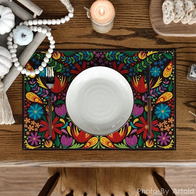 Artoid Mode Mexican Cinco De Mayo Placemats Set of 6, 12 x 18 Inch Dia De Los Muertos Decoration Washable Table Mats for Party Dining Table