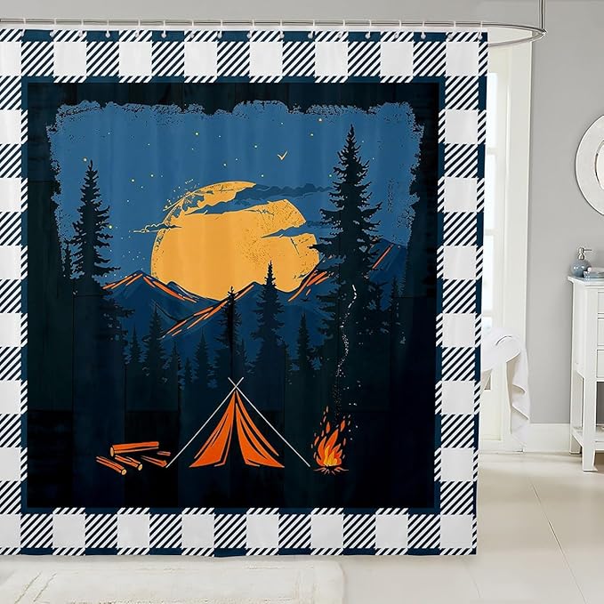 Feelyou Happy Camping Shower Curtain Rustic Farmhouse Style Fabric Shower Curtain for Kids Galaxy Bathroom Waterproof Accessories with 12 Hooks Dark Blue and White Plaid Curtains,72X84 Inches