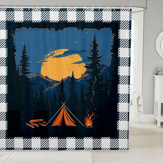 Feelyou Happy Camping Shower Curtain Rustic Farmhouse Style Fabric Shower Curtain for Kids Galaxy Bathroom Waterproof Accessories with 12 Hooks Dark Blue and White Plaid Curtains,72X84 Inches