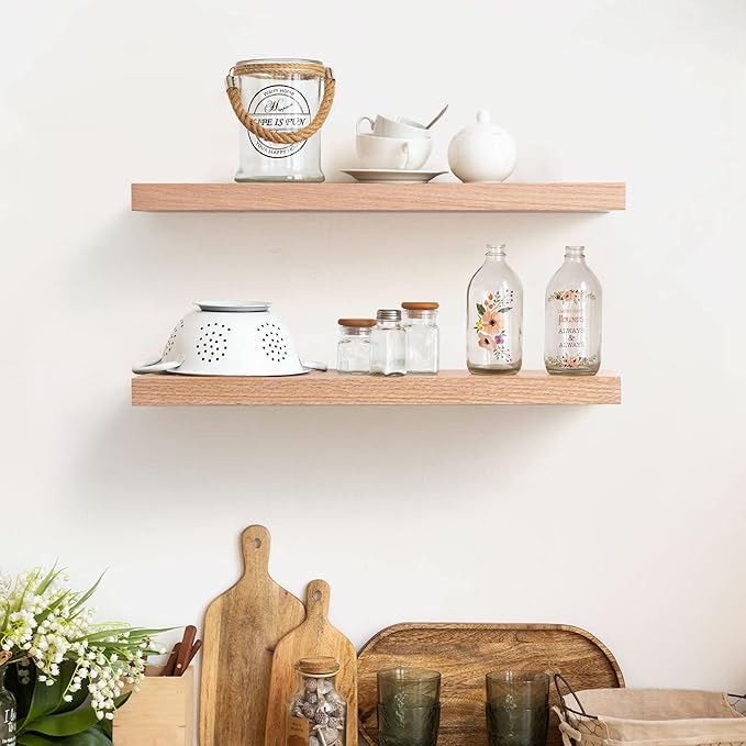 Fun Memories 8 Inch Deep Floating Shelves, Rustic Wood Floating Shelf Wall Mounted, 24 x 8 Wall Shelves Set of 2, Deep Floating Shelves for Bathroom, Living Room, Kitchen, Natural Oak Color