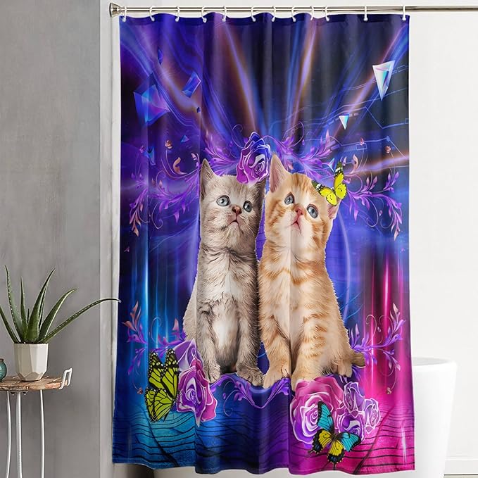 AILONEN 3D Cat Shower Curtain,Cute Kitten Shower Curtain Set for Kids Boys Girls,Cat Lovers Animal Shower Curtain for Bathroom,Rose with Butterfly Bath Curtain with Hooks,36" W*72" H