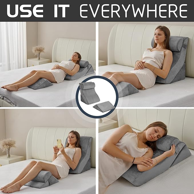Qirroboni 4PCS Orthopedic Bed Wedge Pillow Set, Adjustable Pillows for Neck, Back and Leg Pain Relief Comfortable & Post Surgery Foam - Heartburn, Anti Snoring, Acid Reflux & GERD Sleeping Light Grey