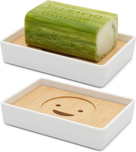 Bamboo Soap Dishes for Shower Wooden Soap Bar Holder for Bathroom Soap Tray Easy to Clean, Durable and with Non-Slip Pads(Single White Smiley face)