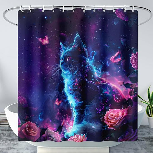 AILONEN 3D Rose Cat Shower Curtain Set, Beautiful Kitten with Butterfly Shower Curtain Liner for Kids Boys Girls,Boho Galaxy Shower Curtain for Bathroom,72" W*96" H