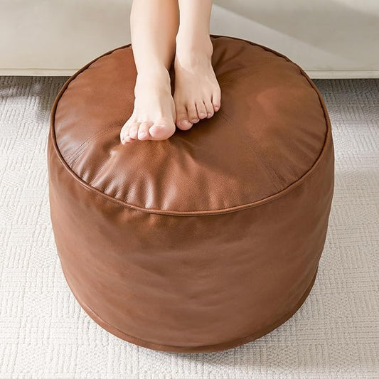 HIGOGOGO Round Stuffed Pouf Ottoman, Pu Leather Poufs with Foam Chunk Filling, Furry and Fluffy Pouf Foot Stool Storage Ottoman, 26 X 18 Floor Poufs Foot Rest for Living Room,Brown