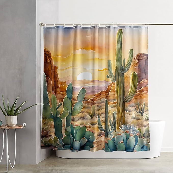 AILONEN Watercolor Cactus Shower Curtain,Orange Succulent Flower Waterproof Shower Curtains Set for Boys Kids Teens, 48" W*72" H Sunset Mountains Cactus Forest Shower Curtain