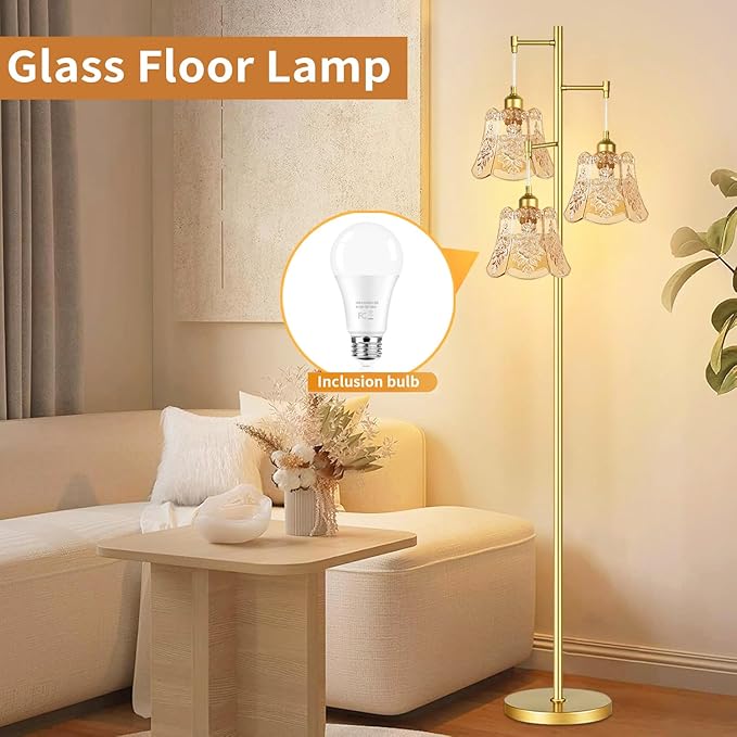 Gold Floor Lamp for Living Room,Bedroom,Mid Century Modern Standing Lamp Brass Tree 3 Light Tall Floor Lamps Vintage Retro Floor Lights Glass Green Flower Lamp Shade Farmhouse Boho Bohemian