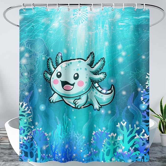 AILONEN Cute Axolotl Kids Shower Curtain for Bathroom,Blue Ocean Jellyfish Coral Print Bath Curtain 72" W*84" H,Girls Boys Kawaii Salamander Decorative Waterproof with 12 Plastic Hooks
