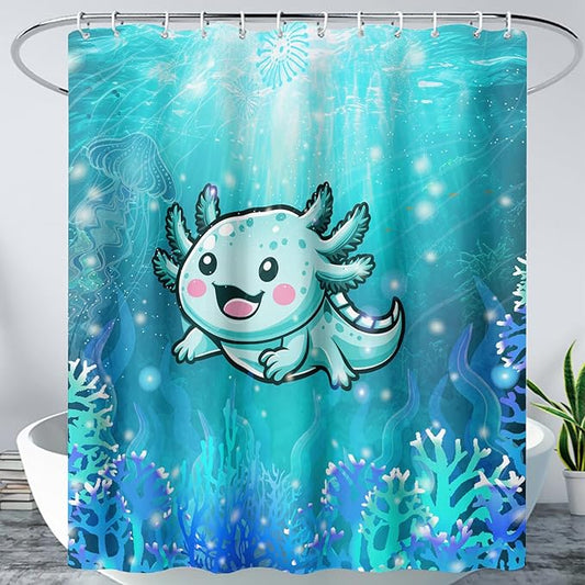 AILONEN Cute Axolotl Kids Shower Curtain for Bathroom,Blue Ocean Jellyfish Coral Print Bath Curtain 72" W*96" H,Girls Boys Kawaii Salamander Decorative Waterproof with 12 Plastic Hooks