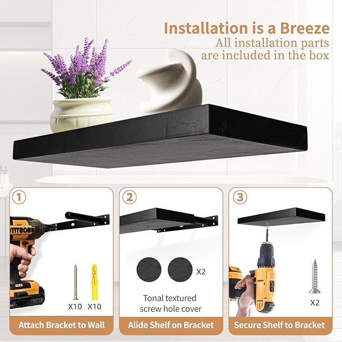 Floating Shelves 15.7in for Wall Black Solid Wood Floating Shelves Bathroom Floating Shelf for Bedroom Kitchen Living Room