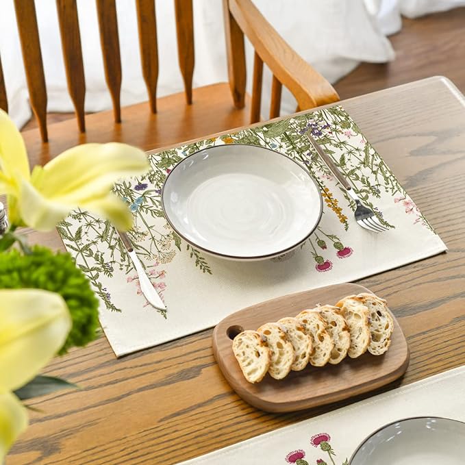Artoid Mode Antique Herbs and Wild Flowers Summer Placemats Set of 4, 12x18 Inch Seasonal Wildflower Spring Table Mats for Party Kitchen Dining Decoration