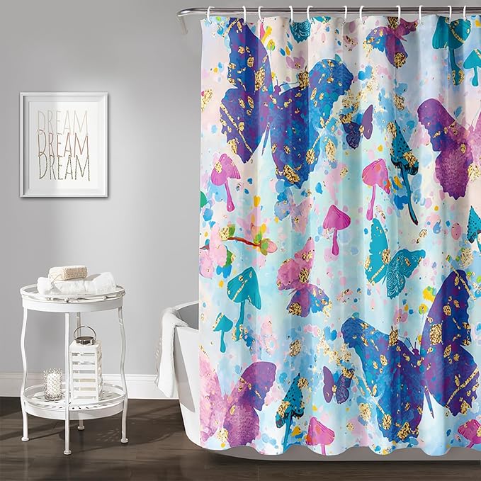 AILONEN Butterfly Shower Curtain for Bathroom, Blue Pink Tie Dye Butterfly Bath Curtain,Women Girls Bathroom Curtain,48" W*72" H Polyester Waterproof with 12 Plastic Hooks