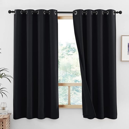 NICETOWN 100% Blackout Curtains with Same Color Liners, Thermal Insulated Full Blackout 2-Layer Lined Drapes, Energy Efficiency Window Draperies for Bedroom (Black, 2 Panels, 52-inch W by 63-inch L)