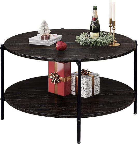 WLIVE Round Coffee Table for Living Room, 32.6" Small Coffee Table with Open Storage Shelf, 2-Tier Industrial Circle Wood Center Table for Bedroom, Home Office, Charcoal Black