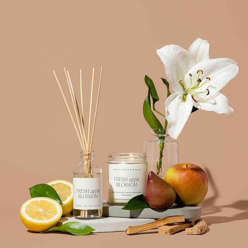 Sweet Water Decor Fresh Apple Blossom Reed Diffuser Set - Apple Blossom, Pear, and Sandalwood Scented Diffusers - Scent Diffusers for Home, Long Lasting Fragrance, Made in the USA
