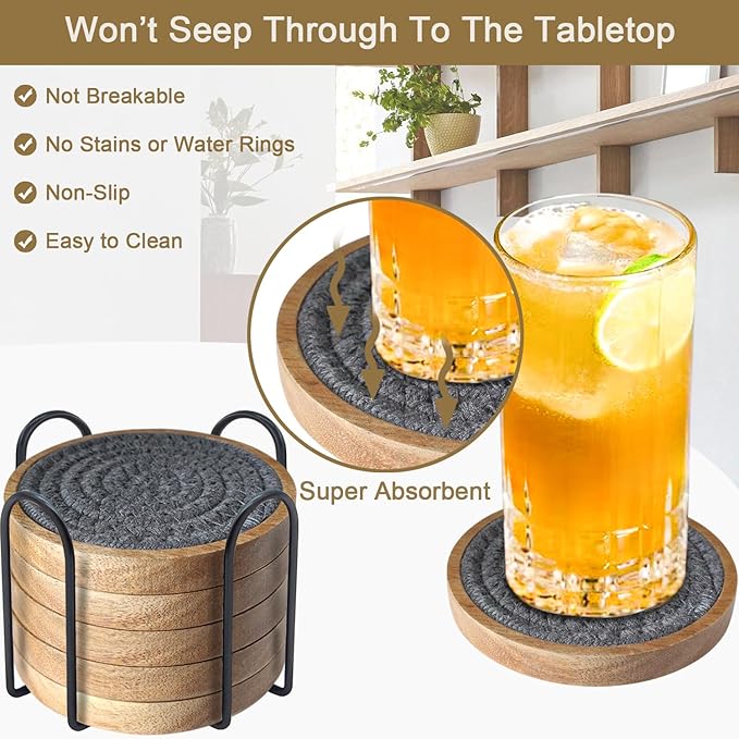 6 Pack Coasters for Drinks Absorbent, 4.3 inches Cork Coasters for Coffee Tables, Wooden Drink Coasters for Table Protection, Cute Coasters for Kitchen, Farmhouse, Bar, and Office (Dark Gray)