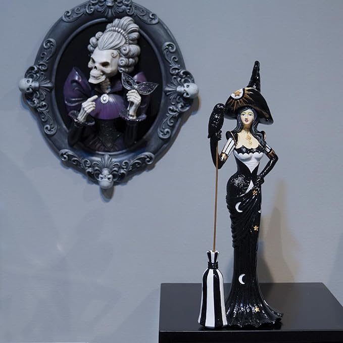 Newman House Studio Halloween Decoration Fairyland Witch Figurine - Magic Witch Holding Broom Dia De Los Muertos Day of Dead Resin Witch Statue Gothic Farmhouse Decor 4.25 * 3.5 * 12.75 in