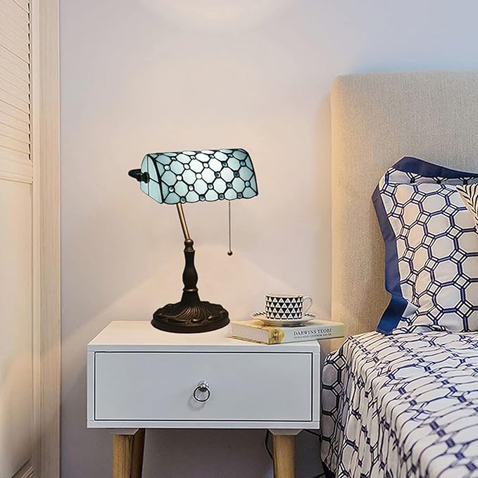 Tiffany Style Bankers Table Lamp Stained Glass Piano Desk Lamp Vintage Bedroom Bedside Lamp for Study,Antique Alloy Base,Zipper Switch,Blue a