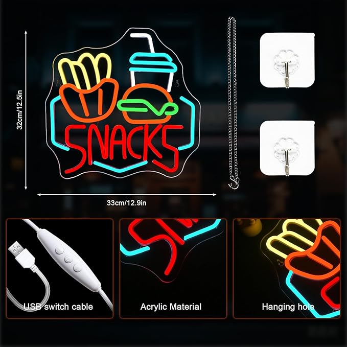 Lucunstar Snack Burger Fries Neon Sign,LED Sign for Burger Shop Decor,Hamburger LED Neon Light,USB Connectivity Neon Sign with Dimming switch for Restaurant,Kitchen,Store,Party,Bar Sign