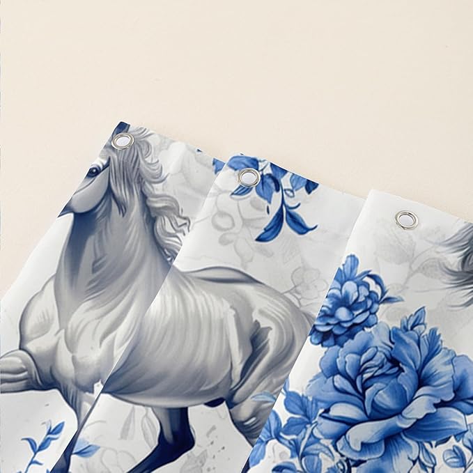 AILONEN Blue Floral Horse Shower Curtain,Farm Animal Printed Galloping Horse Bath Curtain,Minimalist Flower Girls Women Bathroom Curtain Decor, 72" W x 96" H