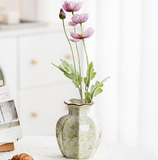 Blue and White Vase, Vintage Blue Ceramic Flower Vessel,Ceramic vases for Home Decor,Vintage Green and Beige for Console Table Mantle Chinoiserie Decor (Green and Beige-01, Small)