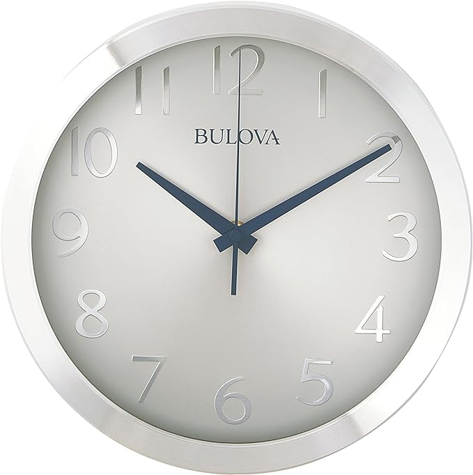 Bulova Winston Wall Clock C4844 | 10" Diameter | Metal Design with Diamond Cut Edges | Silent Sweep Quartz Movement | Easy-to-Read Arabic Numerals